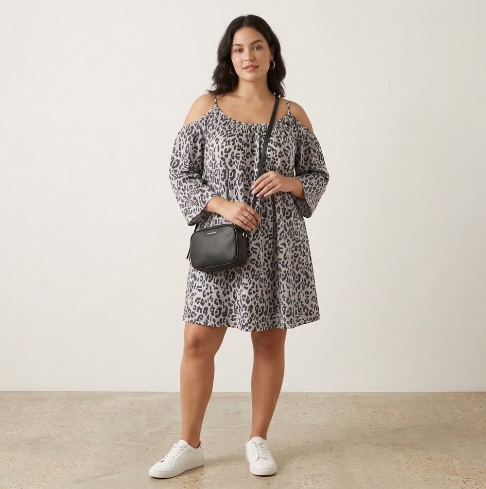 Sheilay Leopard Print Cold-Shoulder Mini Dress Size XXL Gray Black